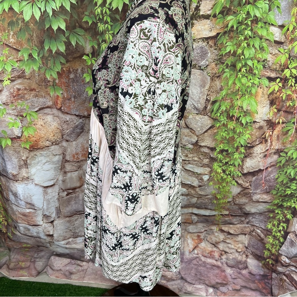 FREE PEOPLE Black, Cream, and Purple Paisley Boho Deep V-Neck Paisley Dress, S - Picture 6 of 12